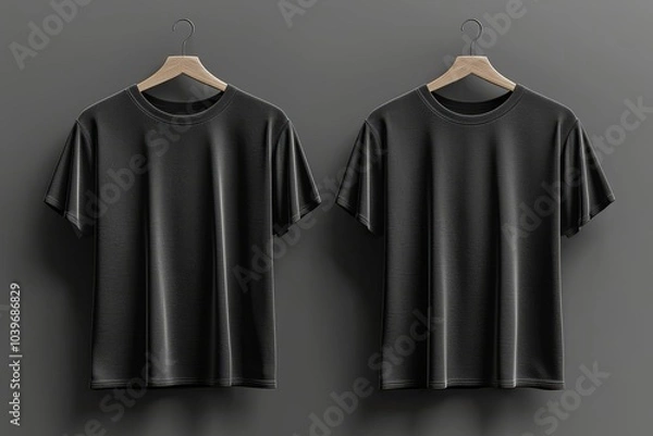Fototapeta The mock-up depicts a black T-shirt on a wooden hanger with a view from the front and back sides.