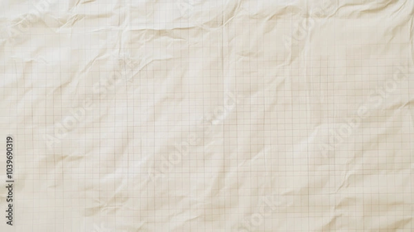 Fototapeta Close-up of a crumpled sheet of grid graph paper, showing light texture and imperfections, representing creativity and draft work. Crumpled sheet