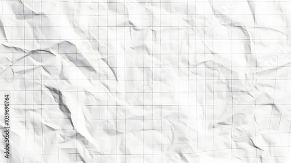 Fototapeta Close-up of a crumpled sheet of graph paper with grid lines and wrinkles, representing creativity, draft work, and imperfection