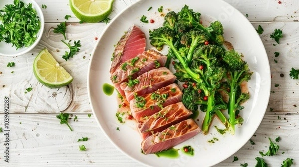 Obraz close up of roast tuna steak with parboiled broccolini and lime on white plate on white textured wooden table horizontal view from above