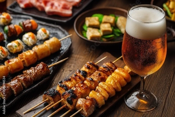 Fototapeta Izakaya: Japanese Pub Food Plate with Yakitori Skewers and Draft Beer Background
