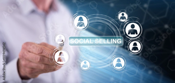 Fototapeta Man touching a social selling concept