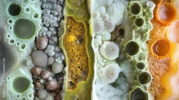 Fototapeta Exploring the intricate world of mold and fungi in a captivating, colorful arrangement on a textured surface