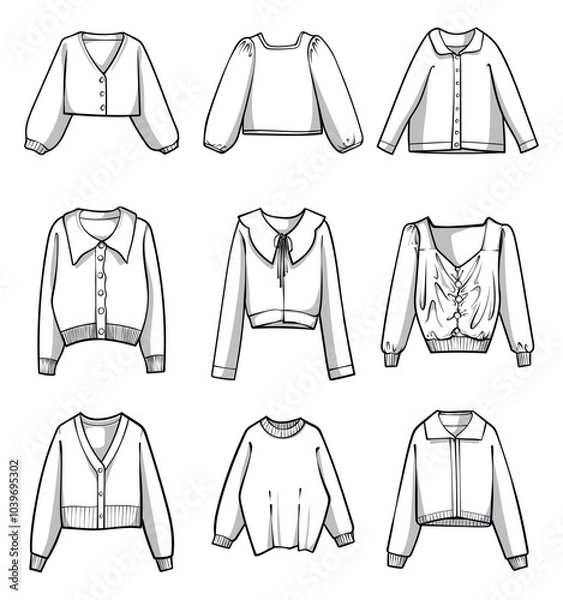 Fototapeta A collection of line art sweaters and jackets in various styles, illustrated in a clean vector design