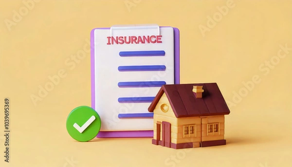 Fototapeta A miniature house next to an insurance form with a checkmark, symbolizing home insurance and protection.