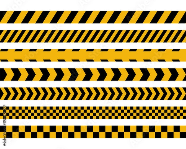 Fototapeta A set of vector yellow and black seamless caution warning tape.  Design concept represents danger lines for crime scenes, construction boundaries, road hazards, hazardous areas, or industrial safety