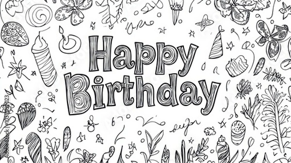 Fototapeta A vibrant birthday celebration with whimsical illustrations and cheerful elements set against a playful backdrop of flowers and treats, coloring page