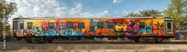 Obraz Vibrant graffiti art on a train car, showcasing colorful street art against a clear sky in an urban setting.