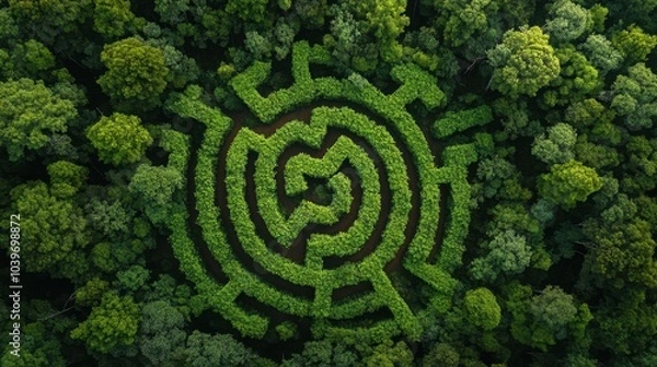 Fototapeta Aerial view of a lush green maze nestled within a vibrant forest during a sunny afternoon
