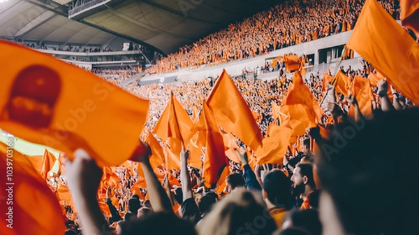 Fototapeta lively crowd of sports fans waving orange flags in a packed stadium, radiating energy and team spirit during a game.