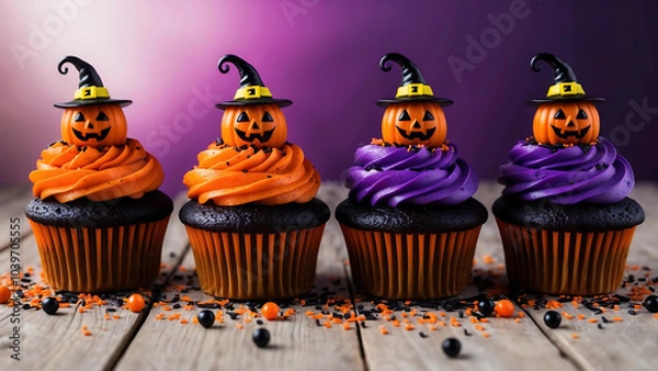 Fototapeta Close-up of Halloween treats with purple and orange swirls, mini bats, castles, and pumpkin faces. Each is topped with a witch's hat, set against a purple background sprinkled with festive candies.