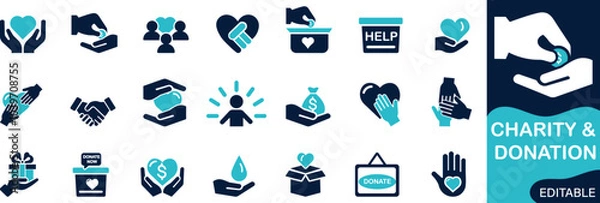 Obraz Charity and Donation icon set Solid flat vector icons vector collection