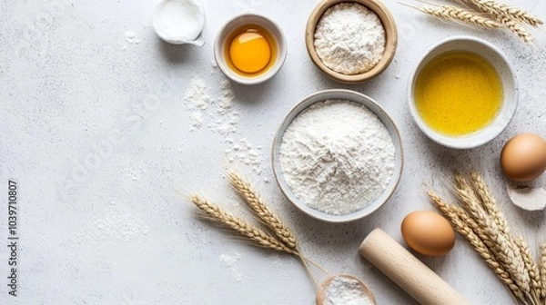 Fototapeta A flat lay of baking ingredients, including flour, eggs, oil, and a rolling pin, on a white surface.