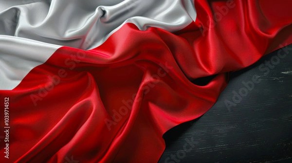 Obraz Wavy white-red Polish flag, close-up. The flag of Poland lies on a black wooden table, top view. Learning the Polish language. Travel and tourism. Patriotism and pride. Immigration