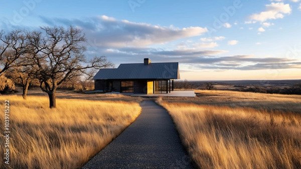 Fototapeta A distant view of a modern home featuring a corrugated metal roof, standing out amidst a rural landscape, symbolizing the harmony between industrial materials and natural settings.