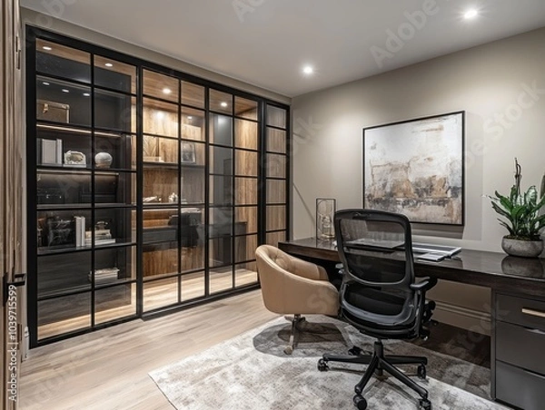 Fototapeta Home office basement with black-framed glass partitions, modern furniture, and a neutral color palette for a sleek, contemporary look