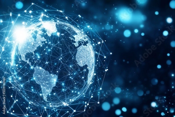 Fototapeta futuristic digital cover featuring a glowing global network with interconnected nodes.