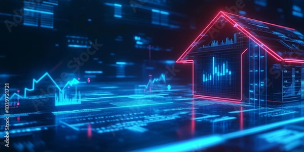 Fototapeta A futuristic vision of a smart home surrounded by investment graphs and glowing arrows, representing the modern opportunities in the housing market.