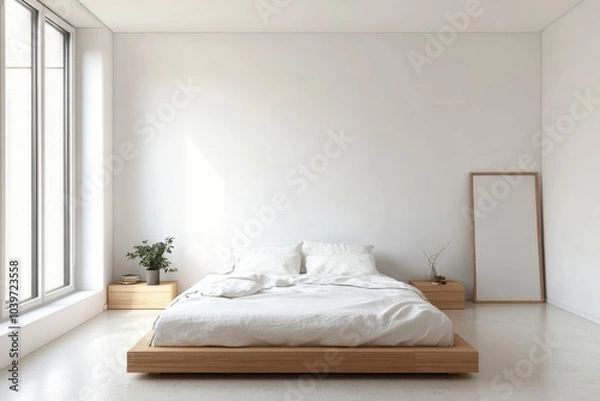 Fototapeta Minimalist bedroom design with natural light and simple aesthetics for a serene living space