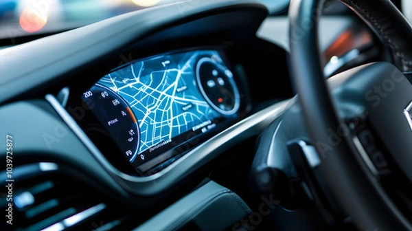 Obraz  Close-up of a car dashboard featuring a detailed digital map display, providing a sophisticated navigation experience. Perfect for illustrating smart vehicle technology.