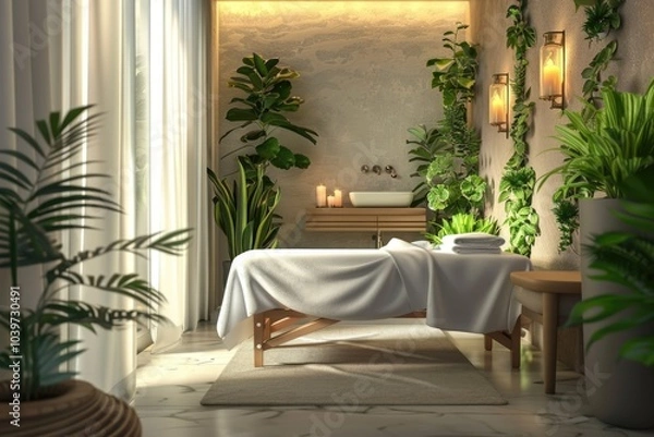 Fototapeta Stylish room interior with massage table in spa salon