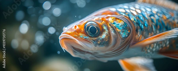 Fototapeta Close-up View of a Vibrant Koi Fish with Orange, Blue, and Gold Scales, Swimming in a Clear Aquarium with Blurred Background