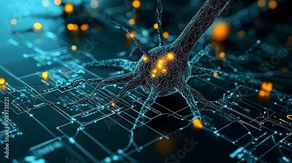 Fototapeta Glowing neural network with mesh of interconnected lines representing synapses and neuronal pathways  Futuristic digital showcasing the complexity and dynamism of the brain s computational systems