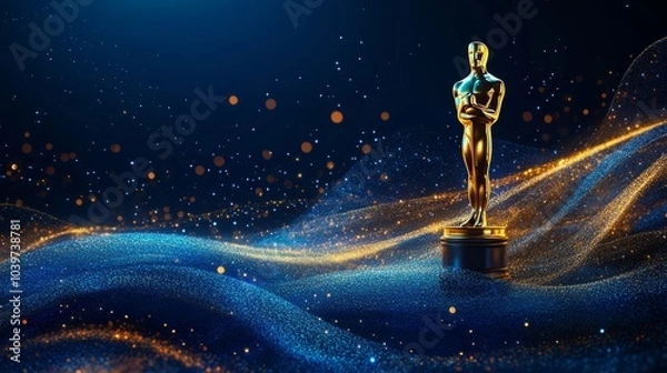 Obraz Blue award background with golden lines and abstract shape of the cinema awards statue for sunset light, elegant presentation design background