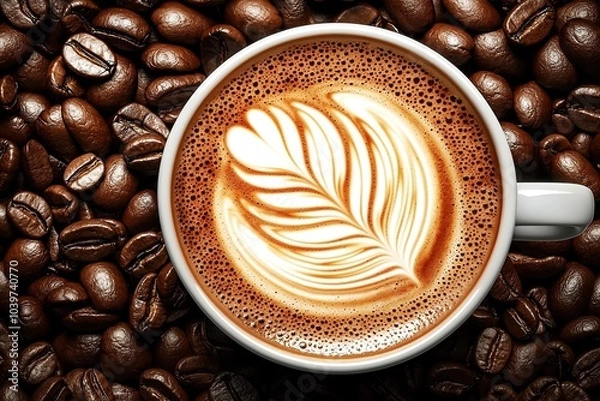 Fototapeta Latte cup of coffee with coffe art design on background of coffee beans. Generative Ai