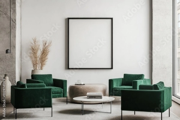 Fototapeta Minimalist living room with a mockup frame on the wall, featuring green armchairs and a contemporary coffee table for a clean look
