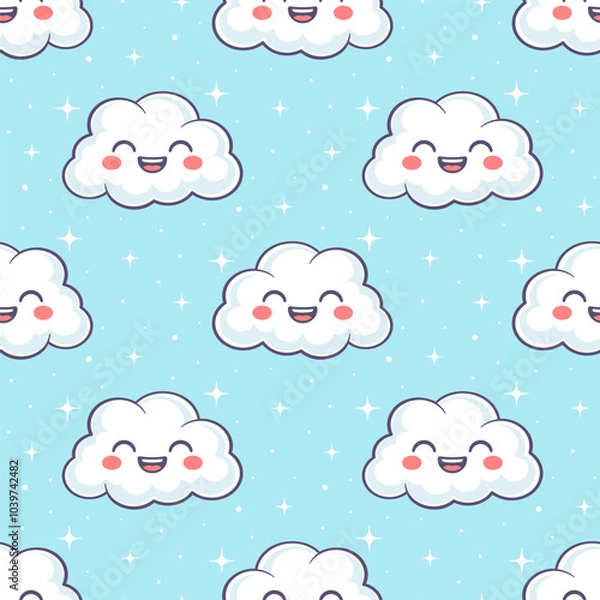 Fototapeta White kawaii little clouds with laughing faces on blue background. Vector seamless pattern.