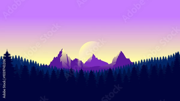 Fototapeta Purple mountain landscape wallpaper in a minimalist flat design style. Minimalist beauty background for desktop and wallpaper
