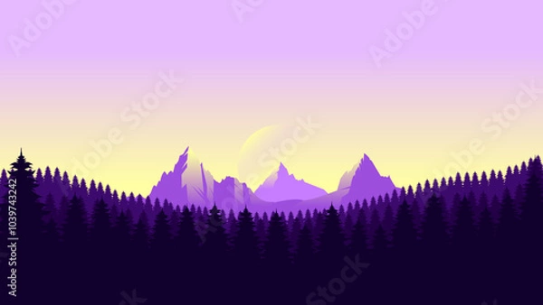 Fototapeta Purple mountain landscape wallpaper in a minimalist flat design style. Minimalist beauty background for desktop and wallpaper