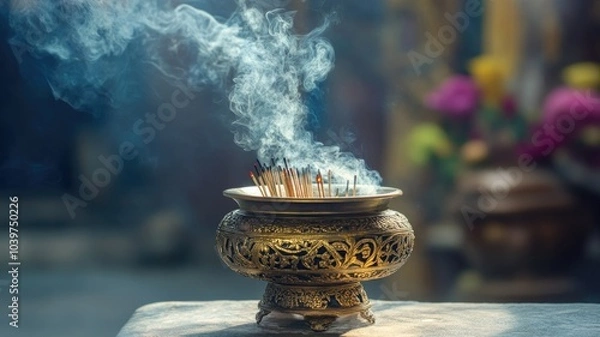 Fototapeta Lit incense sticks in ornate holder, releasing smoke Blurred colorful background