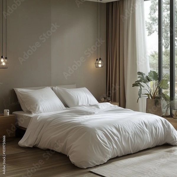 Fototapeta closeup of a bedroom, with duvet, minimalist room, super realistic