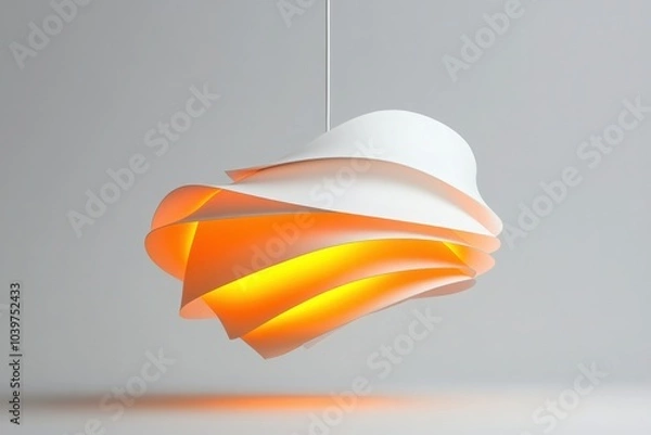 Fototapeta The unique designer lamp, with its elegant twisted shape and warm orange glow, hangs beautifully in the center of a minimalist space, enhancing the atmosphere with contemporary sophistication.