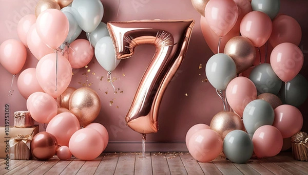 Obraz Stylish Girl 7th Birthday Party background, Modern Bunch of bright balloons on light pink background, seventh Birthday decorations with soft pink, mint and gold balloons. Banner design, space for text