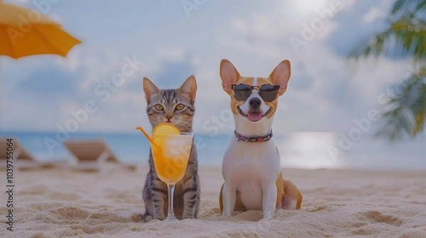 Fototapeta Cool cat and dog enjoying a sunny day on the beach, with a refreshing tropical drink. The dog sports sunglasses, adding a fun, vacation vibe. Perfect for themes of summer and relaxation.