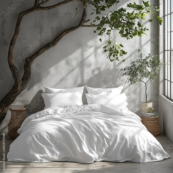 Obraz a basic thin white twin sized duvet cover, two pillows, the is white and a mockup style bedroom, photo real image, grey details