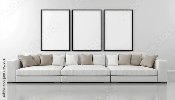 Fototapeta Three empty vertical picture frames in a modern living room with white sofa and beige pillows