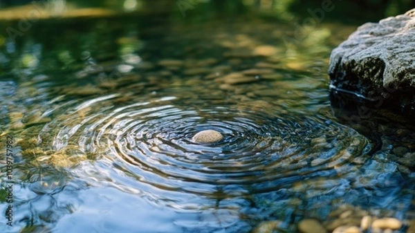 Fototapeta Stone creating ripples in peaceful pond amid rocks