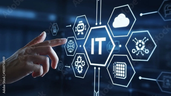 Fototapeta Navigating the Digital Landscape: A hand gestures towards a glowing "IT" icon, surrounded by interconnected icons representing various aspects of information technology.