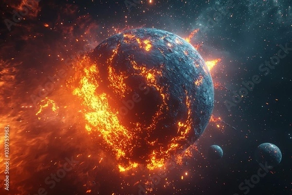 Fototapeta Exploding burning planet in flames and fire in cosmos with stars and other planets in background. Generative Ai