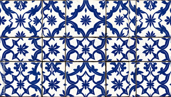 Fototapeta Blue white traditional motif tiles wallpaper texture background  - Vintage retro concrete stone cement tile with rhombus diamond leaves pattern isolated with white highlights, png