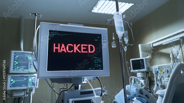 Fototapeta hospital, heart monitor, hacked, cyber security, healthcare, medical equipment, alert, patient bed, cyber attack, security breach, hacking, vulnerability, patient safety, healthcare system, technology