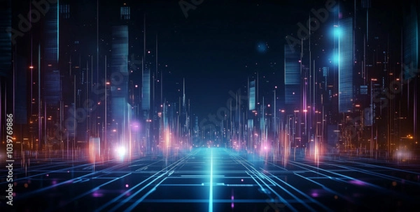 Fototapeta Nighttime view of a technologically advanced city with sleek, illuminated skyscrapers. Premium background for the latest technology needs.