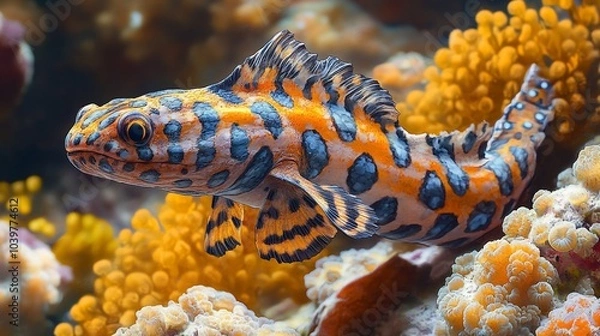 Fototapeta A colorful fish swimming among vibrant coral in a marine ecosystem.
