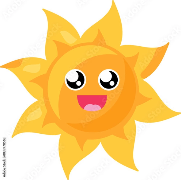 Fototapeta A vibrant vector illustration of stylized sun with a charming smile in bright yellow color in a cartoon style. The sun's face is friendly and inviting, radiating warmth and happiness. The smiling sun 