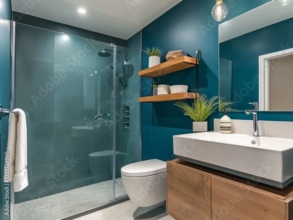 Fototapeta Dark teal accent wall in a minimalist bathroom with floating shelves and a glass shower