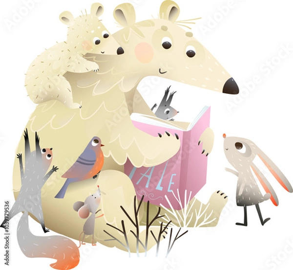 Obraz Polar bear mother reading book to her baby cubs, squirrel mouse and rabbit in winter. Mama bear and baby forest animals study an open book. Vector cartoon clip art illustration for children school.